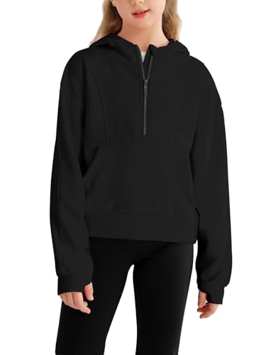 Mädchen Half Zip up Hoodie Mädchen Pullover Mit Reissverschluss Einfarbiges langärmeliges Sweatshirt Daumenloch Mädchen Sweatshirts Hoodie Crop Pullover für Mädchen von URMAGIC
