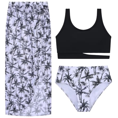 URMAGIC 3-teiliges Bikini-Set für Mädchen, tropischer Druck, Blumenstruktur, farblich passendes Bikini-Set mit verdecktem Rock, Strand-Bademode, Schwarz, 11 Jahre von URMAGIC