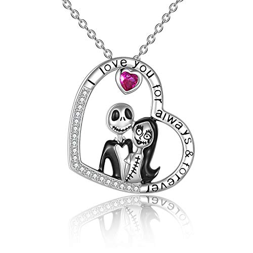 URONE Albtraum Halskette Sterling Silber Jack und Sally Herz Anhänger Halskette mit rotem Zirkon Schädel Schmuck Geburtstagsgeschenke für Frauen Frau Tochter von URONE