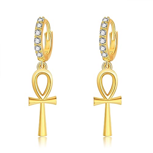 Ankh Ohrringe für Frauen Sterling Silber vergoldet ägyptischen Huggie Hoop Earrings Ankh Schmuck Geschenke für Frauen Mädchen Männer von URONE