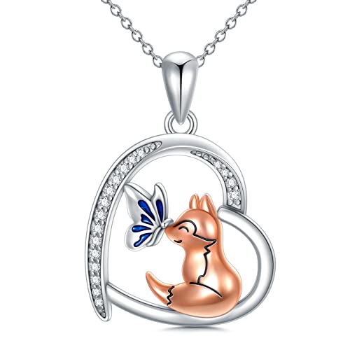 URONE Fuchs Herz Halskette Sterling Silber Süßer Fuchs Anhänger Fuchs Schmetterling Halskette Tierschmuck Geschenk für Frauen Mutter Ehefrau von URONE