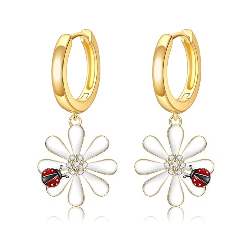 Gänseblümchen-Ohrringe aus Sterlingsilber Gänseblümchen-Marienkäfer-Ohrhänger Gänseblümchen-Blumenschmuck für Frauen von URONE