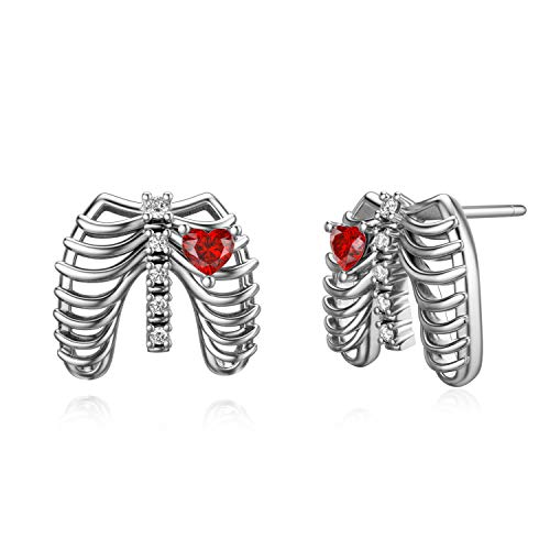 Gotisch schmuck Sterlingsilber Punk Rippe ​mit rotem Herzen Ohrstecker Skelett Herz Valentinstag Schmuck Geschenke für Fraue von URONE