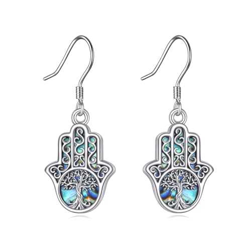 URONE Hamsa Hand Ohrringe 925 Sterling Silber Hand der Fatima Ohrring mit Abalone Muschel Baum des Lebens Schmuck Geschenke für Frauen Männer von URONE