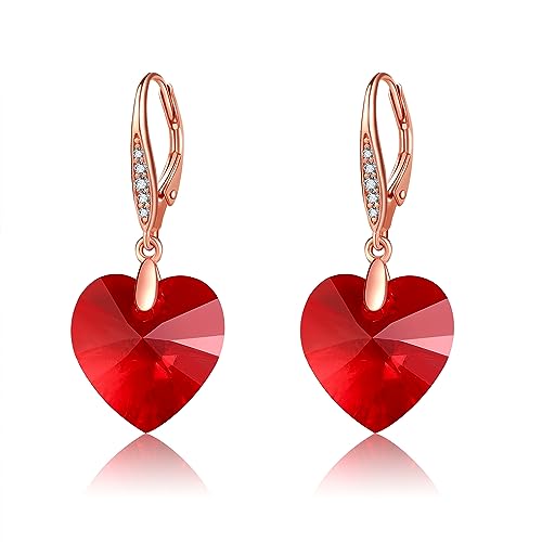 URONE Kristall Ohrringe 925 Sterling Silber Rot Kristall Ohrringe Herz Baumeln Kristall Ohrringe Kristall Schmuck Geschenk für Damen Frauen von URONE