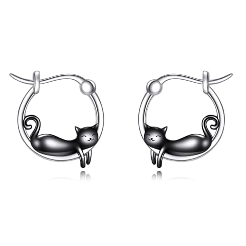 Katze Ohrringe Sterling Silber Schwarz Katze Creolen Niedliche Tierschmuck Geschenke für Damen Katze Ohrringe Sterling Silber Schwarz Katze Creolen Niedliche Tierschmuck Geschenke für Damen von URONE