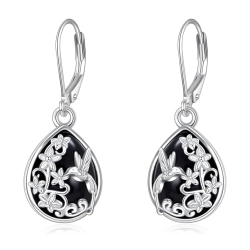 Kolibri-Ohrringe aus Sterlingsilber Kolibri Schwarzer Onyx Baumelnde Leverback-Ohrringe Vogelschmuck Geschenke für Damen von URONE
