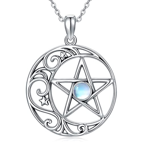 URONE Pentagramm Halbmond Halskette Sterling Silber Pentagramm Mondstein Anhänger Wicca Schmuck Geschenke für Frauen Mädchen von URONE