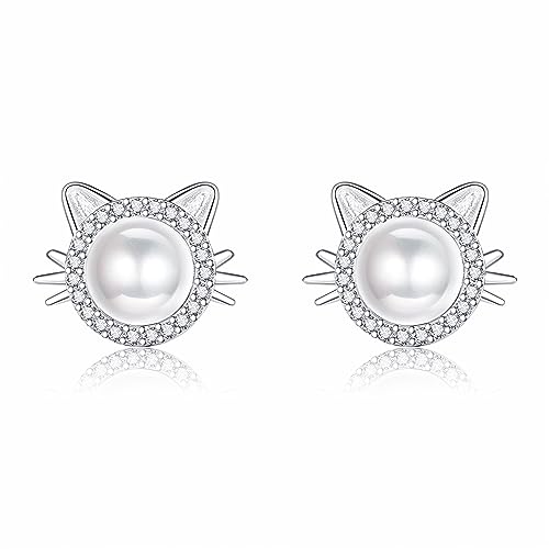 Perle Katze Ohrringe Für Frauen 925 Sterling Silber Niedlich Katze Ohrstecker Mit Perle Katze Schmuck Für Frauen Mädchen Frau Katzenliebhaber von URONE