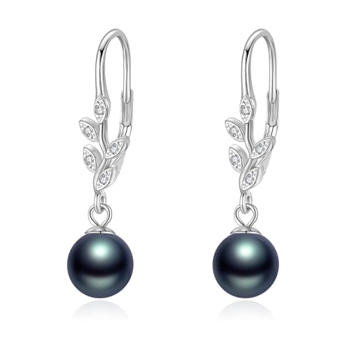 Perlenohrringe aus Sterlingsilber Blattform Schwarze Perle Baumelnde Ohrringe Leverback-Schmuck Geschenke für Damen von URONE