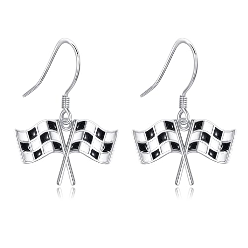 Renn-Ohrringe aus Sterlingsilber mit Karierter Flagge Baumelnde Ohrringe Autorennen-Tag-Schmuck für Frauen von URONE