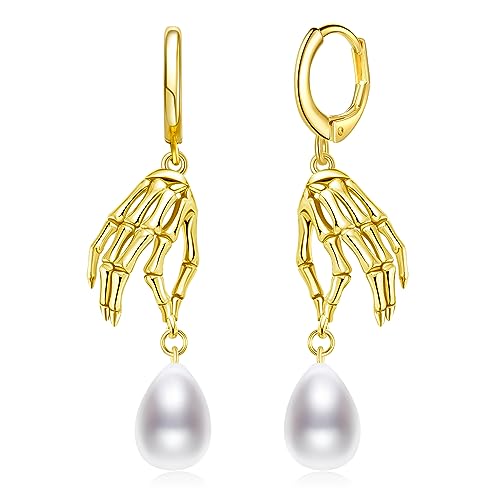 Schädel Ohrringe Sterling Silber Skelett Hand Gold Dangle Ohrringe mit Perlen Gotik Schädelschmuck Geschenke für Frauen Mädchen von URONE