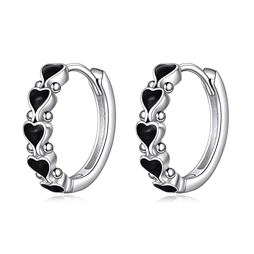Schwarze Herz Ohrringe Sterling Silber Kleine Reifen Sleeper Ohrringe für Frauen Schmuck Geschenke für Mädchen von URONE