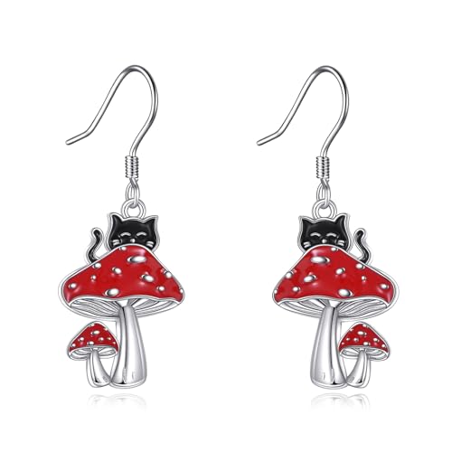 Schwarze Katze Ohrringe 925 Sterling Silber Schwarze Katze Pilz Ohrringe baumeln Tierschmuck Geschenke für Frauen von URONE