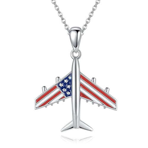 URONE Airplane Halskette Sterling Silber USA Flagge Anhänger 4th of Juli Schmuck für Frauen Flugbegleiter von URONE
