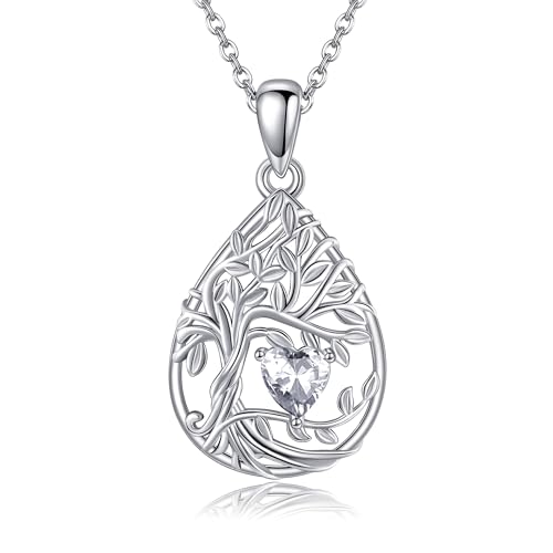 URONE Baum des Lebens Geburtsstein Halskette 925 Sterling Silber April Geburtsstein Lebensbaum Anhänger Halskette Baum des Lebens Schmuck Geburtstagsgeschenke für Frauen von URONE