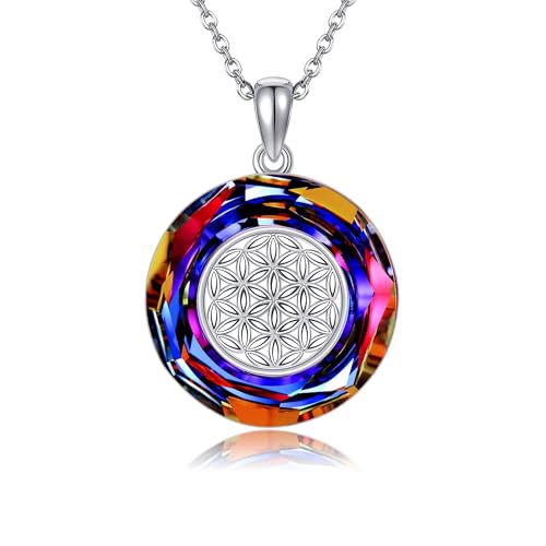 URONE Blume des Lebens Halskette Sterling Silber Blume des Lebens Kristall Anhänger Heilige Geometrie Crystal Halskette Schutz Schmuck Geschenke für Frauen von URONE