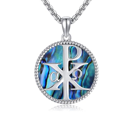 URONE Chi Rho Kette 925 Sterling Silber Konstantinkreuz Alpha Omega Symbol Medaillon Runder Anhänger Amulett Religiöser Schmuck Geschenke für Frauen Männer von URONE