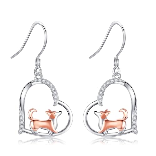 URONE Corgi Hund Ohrringe Sterling Silber Herz Corgi Hängende Tropfen Ohrringe Hundeschmuck für Frauen von URONE