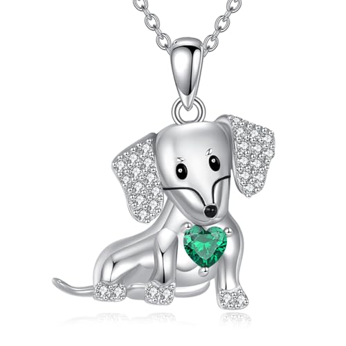 URONE Dackel Kette 925er Sterlingsilber Hund mit grünem Herz CZ-Anhänger Dackel Schmuck Geschenke für Frauen Hundeliebhaber von URONE
