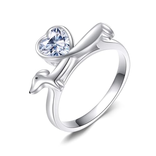 URONE Dackel Ring 925 Sterling Silber Hund mit Herz April Geburts Stein Ring Dackel Schmuck Geschenke für Frauen Hunde Liebhaber #8 von URONE