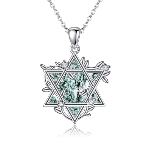 URONE Davidstern-Halskette Sterlingsilber Davidstern Moosachat-Anhänger Halskette Jüdischer Stern Schmuck Geschenke für Frauen ​ von URONE