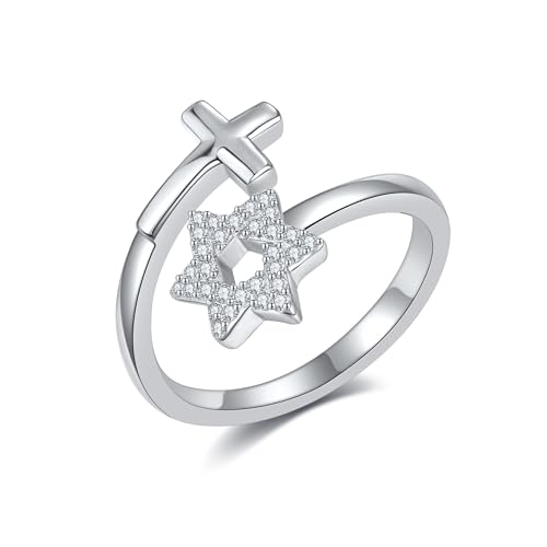 URONE Davidstern Kreuz Ring Sterling Silber Jüdischer Ring Hexagramm Verstellbarer Offener Fingerring Jüdischer Schmuck für Frauen von URONE