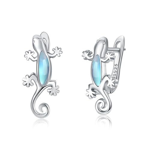 URONE Eidechse Ohrringe Sterling Silber Gecko Creolen Mondstein Ohrringe Eidechse Valentinstag Geschenke Schmuck für Frauen von URONE