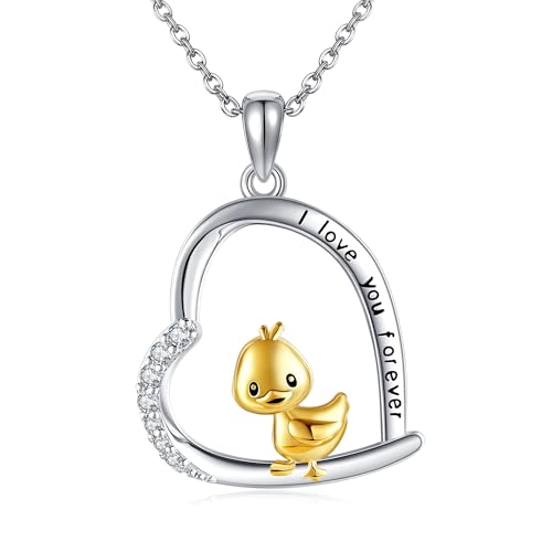 URONE Ente Kette 925 Silber Gelb Ente Herz Anhänger Halskette Lustiger Enten Schmuck Geschenke für Damen Enten Liebhaber von URONE