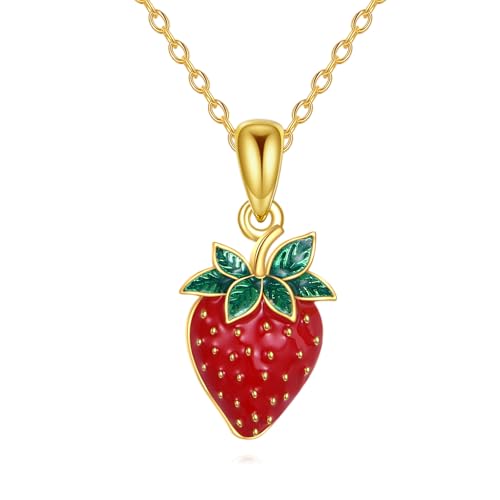 URONE Erdbeer Kette 925 Sterling Silber Rot Erdbeer Anhänger Halskette Obst Erdbeer Schmuck Geschenke für Frauen von URONE