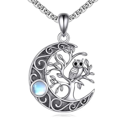 URONE Eulen Baum des Lebens Kette 925 Sterling Silber Eulen Mond Anhänger Haslkette Eulen Schmuck Geschenke für Herren Damen von URONE