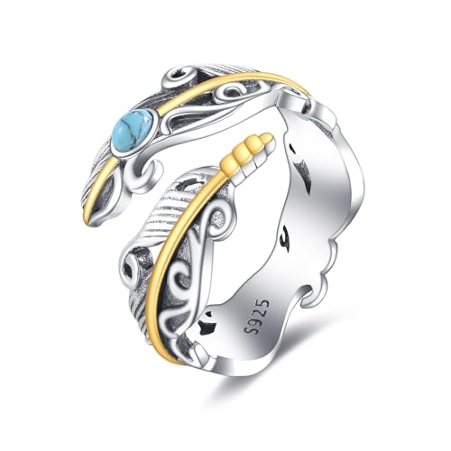 URONE Feder-Türkis-Ring Sterlingsilber Verstellbar Vintage Filigraner Türkis-Schmuck Geschenke Für Frauen von URONE