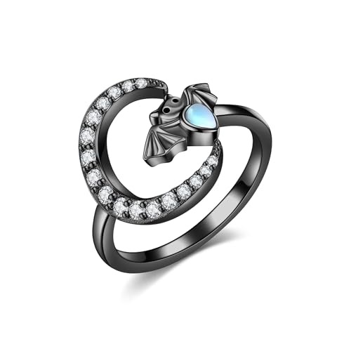 URONE Fledermaus Ring Sterling Silber Schwarzer Mond Fledermaus Verstellbarer Ring Mondstein Halloween Schmuck für Frauen von URONE