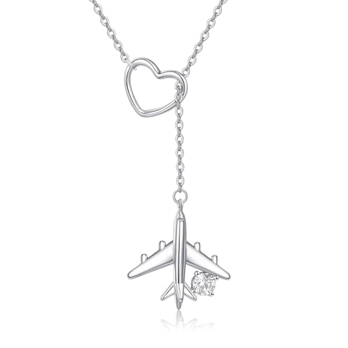 URONE Flugzeugkette Sterlingsilber Flugzeug-Herz-Larait-Bar Y-Lasso Langer Kettenanhänger Flugzeugschmuck Geschenke für Damen von URONE