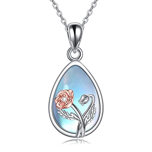 URONE Geburtsblume Halskette Für Frauen 925 Sterling Silber Geburtsmonat Blume Mondstein Anhänger Halskette Individuelle Geburtstagsgeschenke Liebe Schmuck Für Ihre Mutter Schwestern Freunde Familie von URONE