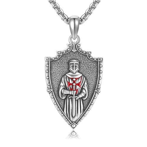 URONE Halskette Der Kreuzritter Tempelritter 925er Sterlingsilber Rüstung Gottes Amulett Schild Anhänger Schutz Katholischer Glaube Schmuck Geschenke Für Männer Und Frauen von URONE