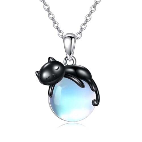 URONE Halskette Mit Schwarzer Katze Sterlingsilber Anhänger Mit Schwarzer Katze Und Mondstein Süßer Tierschmuck Geschenke Für Frauen von URONE