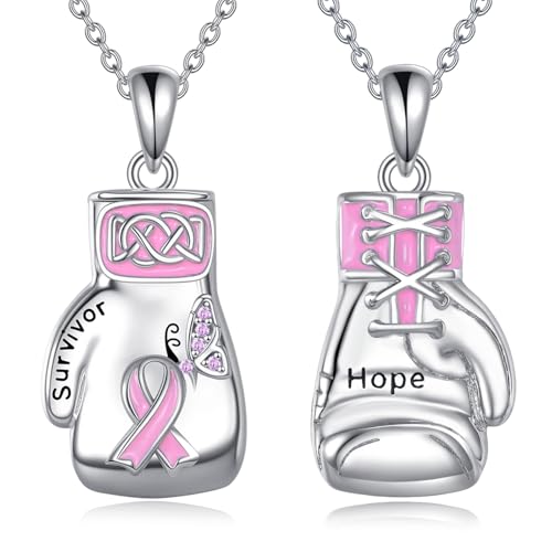 URONE Halskette mit Boxhandschuhen zur Brustkrebsaufklärung 925 Sterlingsilber Boxen Rosa Schleife mit Schmetterling Anhänger Schmuck für Überlebende für Damen Mütter Ehefrauen von URONE