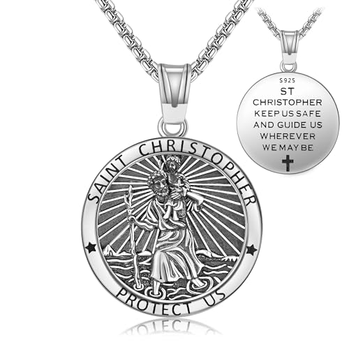 URONE Halskette mit Schutzpatron des Heiligen Christophorus Sterlingsilber Amulett Medaille Schutzanhänger Religiöser Schmuck Geschenke für Männer und Frauen von URONE