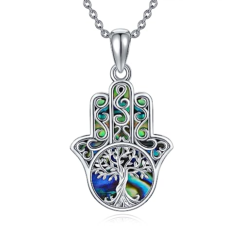 URONE Hamsa Hand Halskette 925 Sterling Silber Hand der Fatima Anhänger Halskette mit Abalone Muschel Baum des Lebens Schmuck Geschenke für Frauen Männer von URONE