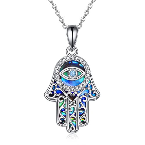 URONE Hamsa Hand Halskette Sterling Silber Böses Auge Fatima Anhänger Halskette Abalone Muschel Schutz Amulett Schmuck Geschenk für Frauen von URONE