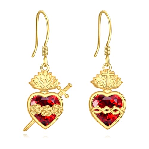 URONE Heiligstes-Herz-Jesu-Ohrringe 925 Sterling Silber 18K Gold Schwert-AnhäNger Herz Ohrringe ‌Christlicher Schmuck FüR Damen von URONE
