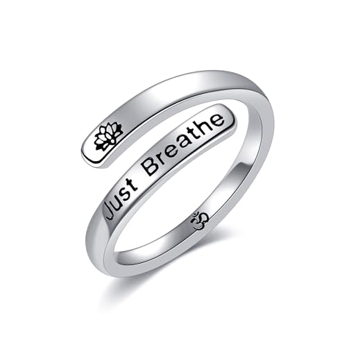 URONE ‌Just Breathe Ring 925 Sterling Silber Lotus OM Verstellbarer Daumenring Wickelöffnung Schmuck für Damen Size 17.25 von URONE