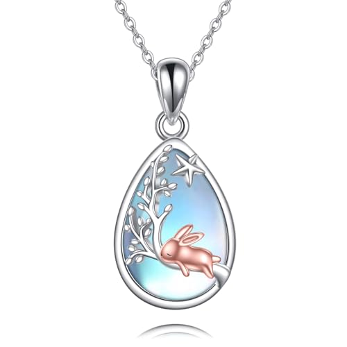 URONE Kaninchen Kette 925 Sterling Silber Hase Mondstein Tränentropfen Anhänger Halskette Miraculous Kaninchen Schmuck Geschenke für Damen Mädchen von URONE