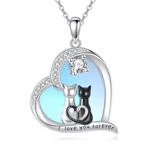 URONE Katze Kette Silber 925 Katze Mondstein Anhänger Halskette Schmuck Geschenke für Frauen Damen von URONE