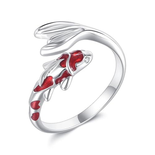 URONE Koi-Fischring Sterlingsilber Verstellbarer Offener Ring Glücksfisch-Schmuckgeschenke Für Damen von URONE