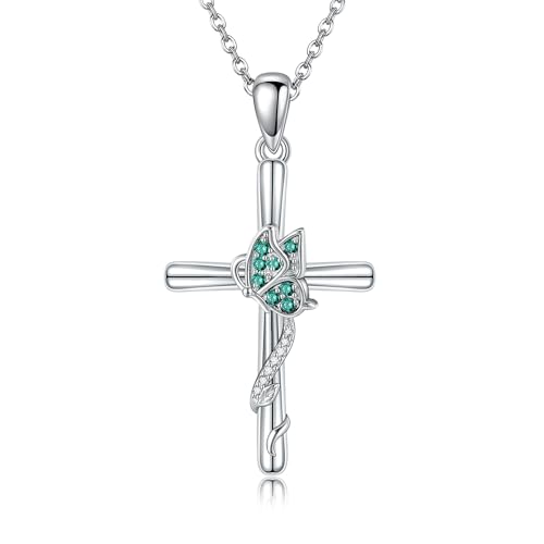 URONE Kreuz Kette Damen Silber 925 Schmetterling Kreuz Anhänger Ketten Schmetterling Kreuz Schmuck Geschenke für Frauen von URONE