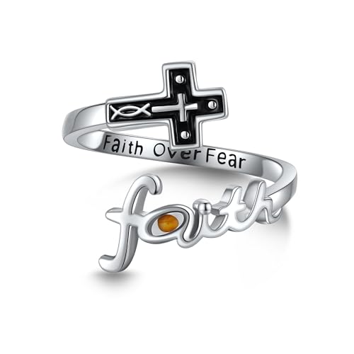URONE Kreuz Ringe Sterling Silber Glaube Kreuzringe Glaube über Furcht Kreuz Ringe Einstellbare Christliche Schmuck Valentinstag Geschenke für Damen Mädchen von URONE