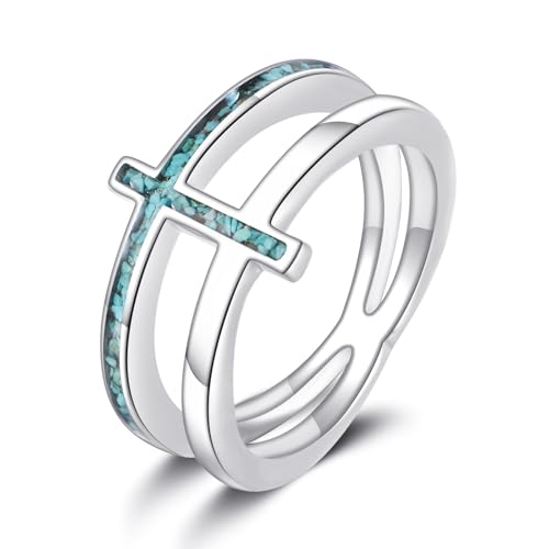 URONE Kreuzring Sterlingsilber Kreuz Türkisring Christlicher Schmuck Geschenke für Damen Größe 54 von URONE