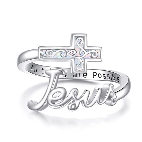 URONE Kreuzringe Sterlingsilber Kreuz Jesus Opalring Verstellbar Christlicher Schmuck Geschenke für Damen von URONE